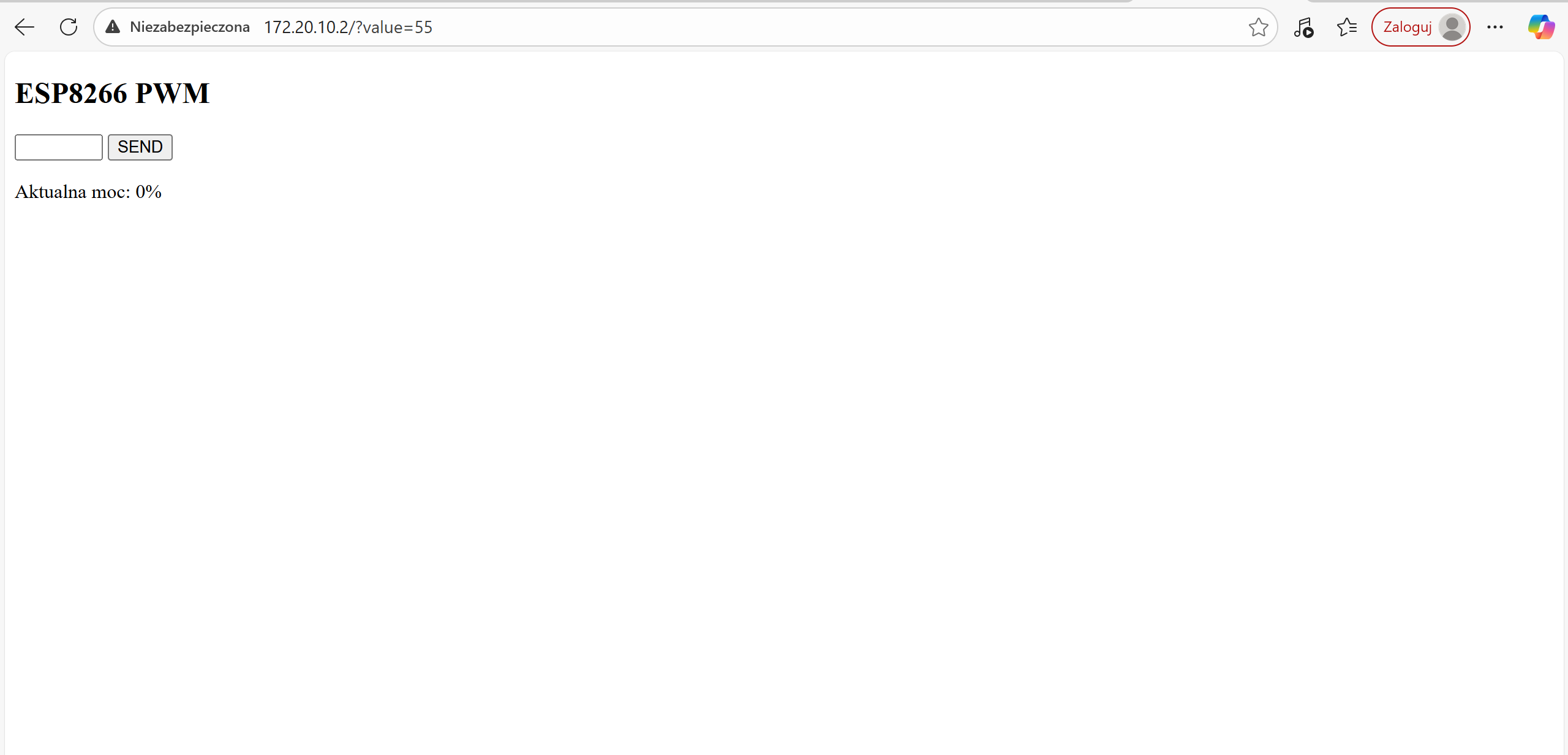 Zrzut ekranu z poziomu sterowania temperaturą.