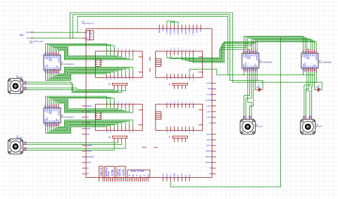 Schemat podłączenia silników i ich sterowników do CNC Shield, sam shield podłączony standardowo do Arduino UNO.